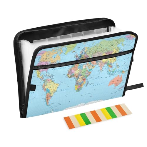 World Map Borders Countries Roads Expanding File Folder with Sticky Labels, 13 Pockets Accordion File Folder Document Organizer Expandable Zip File Folder with Zipper Closure - color: World Map Borders Countries Roads