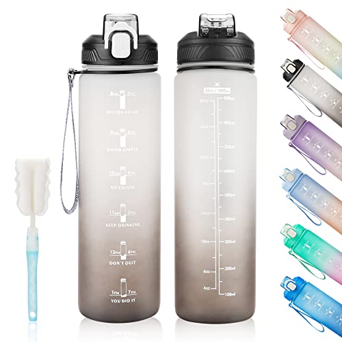 YC Kitchen Motivational Water Bottle with Time Marker- 32oz Water Bottles with Times to Drink, Leakproof & BPA Free Sports Water Bottle with Straw & Carry Strap for Fitness, Gym, and Outdoor Sports - color: Black/White Gradient, size: 32 Ounces