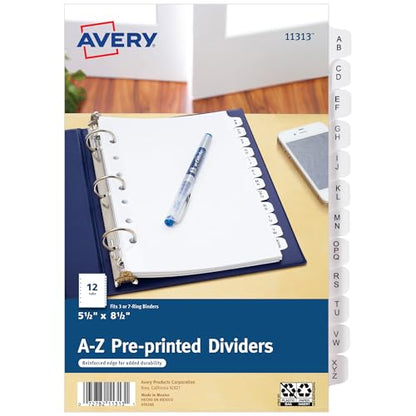 Avery A-Z Mini Dividers for 3 Ring Binders, 12 Tabs per Set, 8.5" x 5.5", Pre-Printed Tabs, 1 Binder Divider Set, Great for Organizing Notes, Projects, Schedules, and More (11313) - style: 1 Set