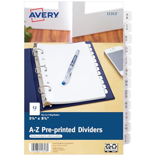 Avery A-Z Mini Dividers for 3 Ring Binders, 12 Tabs per Set, 8.5" x 5.5", Pre-Printed Tabs, 1 Binder Divider Set, Great for Organizing Notes, Projects, Schedules, and More (11313) - style: 1 Set