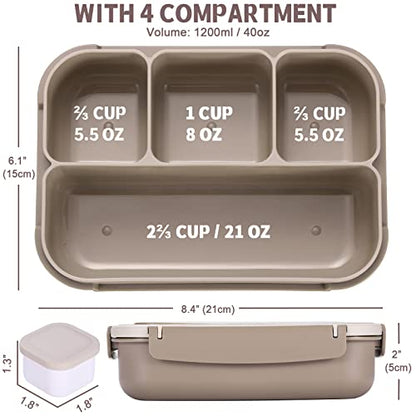 Bento Box Adult Lunch Box, Containers for Adults Men Women with 4 Compartments, Lunchable Food Container with Utensils, Sauce Jar, Muffin Liners, 40 Oz/5 Cup, Microwave & Dishwasher Safe, Brown - color: Brown