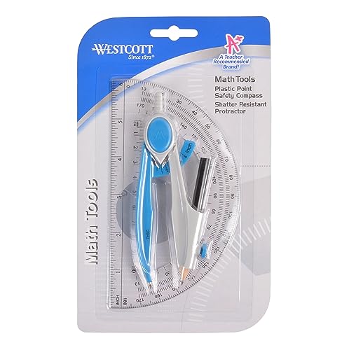 Westcott Compass and Protractor Math and Geometry Set, Essential School Supplies, Plastic Compass for Circles Up to 13-Inches, Back to School, Classroom, School Supplies, 6-Inch Protractor, Assorted Colors