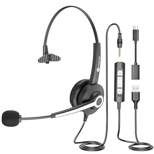 Voistek USB Headset with Microphone, Computer Headphones for PC Laptop, Wired Office Headset with Noise Canceling Microphone & in-line Control for Work, Zoom, Teams, Online Meetings, Call Center - color: Dark Gray