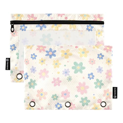 Gredecor Binder Pencil Pouch 3 Ring Cute Flowers 70s Style Zipper Pencil Pouches Case 2 Pack Clear Binder Organizer for School Office - color: Cute Flowers