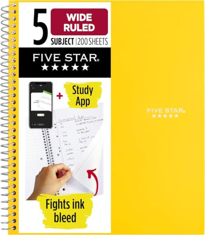 Five Star Spiral Notebook + Study App, 5 Subject, Wide Ruled Paper, 8" x 10-1/2", 200 Sheets, Fights Ink Bleed, Water Resistant Cover, Harvest Yellow (73469) (Pack of 6) - color: Yellow, size: 8" x 10.5" (Pack of 6)