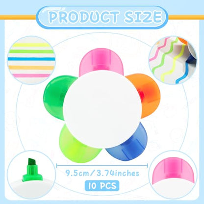 SAYAYA 10 PCS Petals Highlighters Bulk, 5-in-1 Multi-Color Flower Shape Fluorescent Highlighter Pens for Students & Teachers, Classroom & Office, School Stationery Aesthetic Supplies