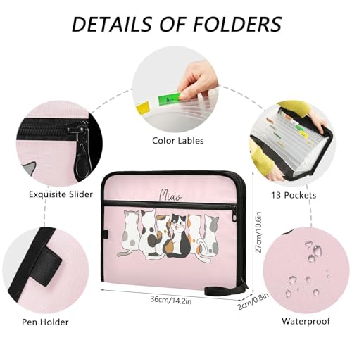 Cute Cats Pink Expanding Accordion File Folder with 13 Pockets and Zipper Closure - color: Cute Cats on Pink Background