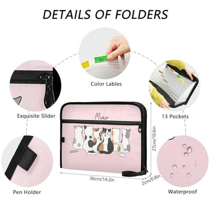 Cute Cats Pink Expanding Accordion File Folder with 13 Pockets and Zipper Closure - color: Cute Cats on Pink Background