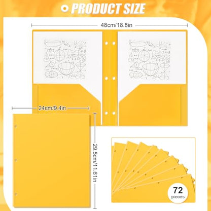 Yeaqee 72 Pcs Plastic Folders with Pockets Bulk 3 Hole Punched 2 Pocket File Folders for 3 Ring Binder Divider Folder for Notebooks, Durable Poly for Office Home (Yellow) - color: Yellow