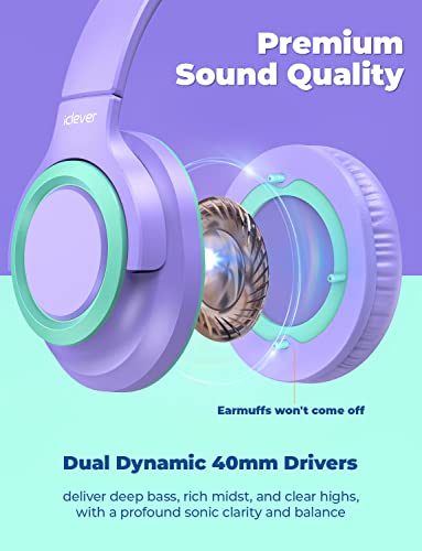 iClever 2Pack Kids Headphones with Sharing Splitter - 85dBA Safe Volume Limited - HS22 Wired Headphones for Kids Teens, Tangle-Free 3.5mm Jack Foldable Stereo Headphone for School/Tablet/Travel - color: Purple & Green
