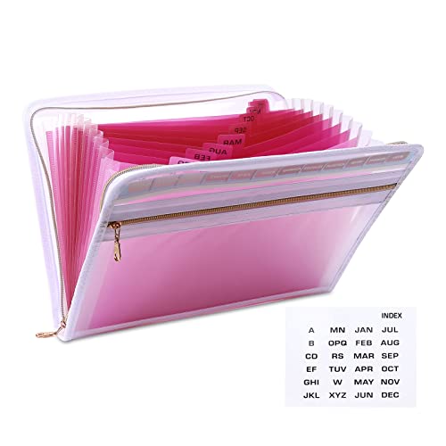 MEGREZ Expanding File Folder with 13 Pockets, A4 Paper File Folder with Zipper Color Labels, Waterproof Accordion File Folder Organizer for Home Office, Pink-Clear - color: Pink-clear