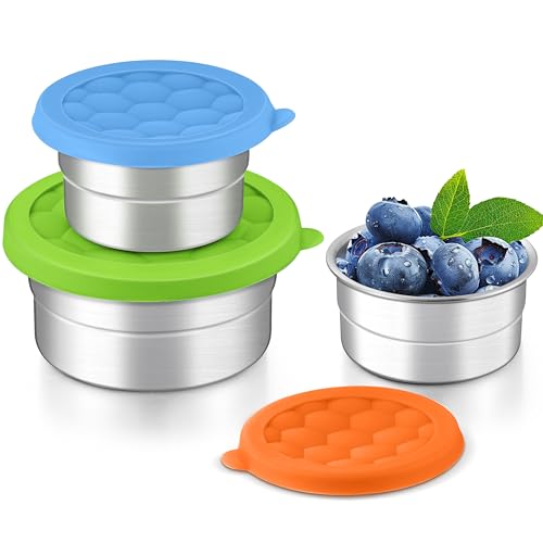 HaWare Stainless Steel Food Storage Containers with Silicone Lids, Leak-Proof Metal Snack Container, Round Lunch Box for Kids Adults, Stackable & Reusable Meal Prep Containers, Set of 3, Multicolor - color: Colorful 2, size: 3 Sizes