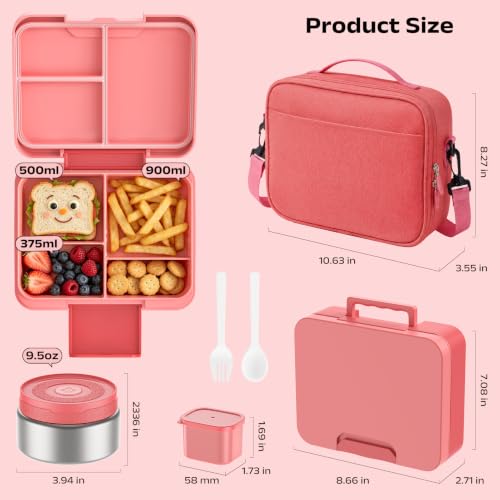 Bento Lunch Box Set for Kids with 8.5oz Hot Food Jar Leak-Proof Lunch Food Container with Insulated Lunch Bag for Toddlers Girls Boys Teens to School, Office, Picnic, Camping, Travel - Pink - color: Pink