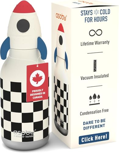 asobu Bestie Bottle Insulated Stainless Steel Water Bottle with Detachable Soft Animal Head Fun Drinking For Kids and Teens with Flexible Reusable Straw 16 Ounce - color: Rocket Bottle