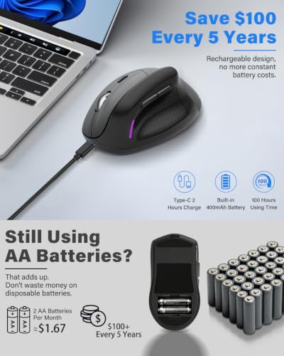 E-YOOSO X45 Rechargeable Vertical Ergonomic Wireless Bluetooth Wired Mouse | Reduce Wrist Pain,Quiet Clicks,4800 DPI,6Ft USB C Cord,Cordless Witeless Mice for Laptop Computer Macbook Chromebook PC