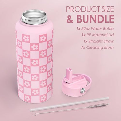 SANDJEST Checker Daisy Water Bottle 32oz Stainless Steel with Lid & Straw, Checkerboard Insulated Bottles Gifts for Women Girls Friends, Gift Idea for Birthday Christmas - color: Checker Daisy