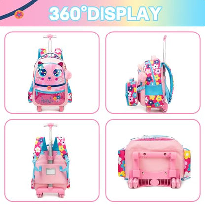 Meetbelify Rolling Backpack for Girls Backpacks with Wheels for Elementary Preschool Students Kids 3 in 1 Travel Luggage Carry on Suitcase with Lunch Box Pencil Case for Girls Age 8-10 - color: Bell Cat