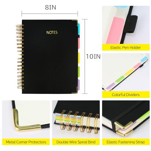 Layway 5 Subject College Ruled Notebook, Hardcover Spiral with Removable Dividers - 8x10 Inch 300 Pages No Bleed Paper for School, College, Work, Students (Black)
