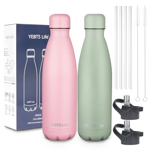 Insulated Water Bottle, 17oz Stainless Steel Water Bottles with straw lid, Metal Sports Water Bottles for Boys,Girls, Double Wall Vacuum BPA-Free Flask for School, Sports (Matcha & Pink) - color: Matcha & Light Pink, size: 17 Ounces