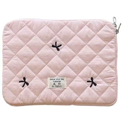 Cute Puffy Laptop Sleeve 13 Inch, Quilted Protective Case with Bow Embroidery, Coquette Y2K Preppy Kawaii Aesthetic Bag for 13” 14" Mac-Book & Laptops - color: Light Pink-Bow