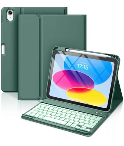 Hamile Keyboard Case for iPad 11th 10th Generation - 7 Colors Backlit Wireless Detachable Folio Keyboard Cover with Pencil Holder for iPad 11-inch A16 2025 10th Gen 10.9 Inch 2022 (Midnight Green) - color: Midnight Green