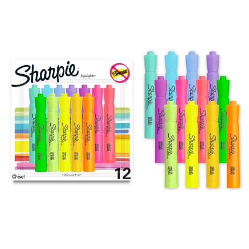 Sharpie Tank Highlighters, Assorted Colors, Chisel Tip, Back to School Essentials, Teacher & Office Supplies, Smear-Resistant, 12-Pack - size: 1 Count (Pack of 12)