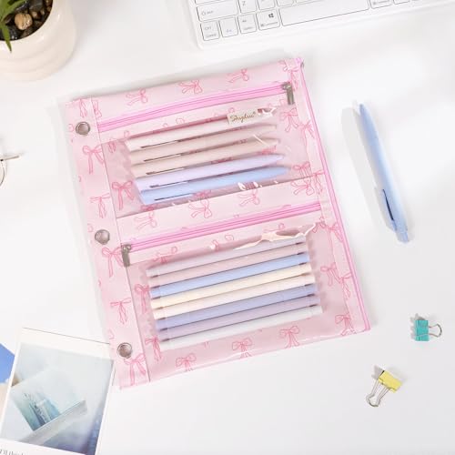 SKYDUE Binder Pencil Pouch for 3 Ring Binder, 3 Compartment Zipper Case, Large Capacity Pen Organizer with Clear PVC Window for School Supplies, Students, Kids & Teachers - color: Pinkbow