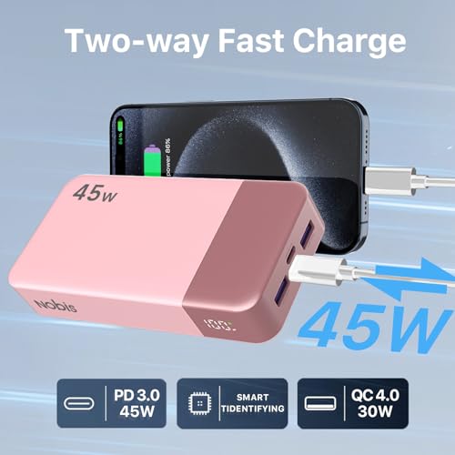 NOBIS Portable Charger, 20000mAh Power Bank, 45W Power Bank Fast Charging, Battery Pack with C to C Cable, Battery Bank with Digital Display for Phone Android Laptop etc (Pink) - color: Pink