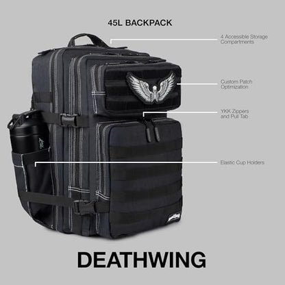 WOLFpak 45L Athletic Gym Backpack - Durable 1000D Waterproof Oxford Material with MOLLE Webbing, Laptop Pocket - color: Deathwing