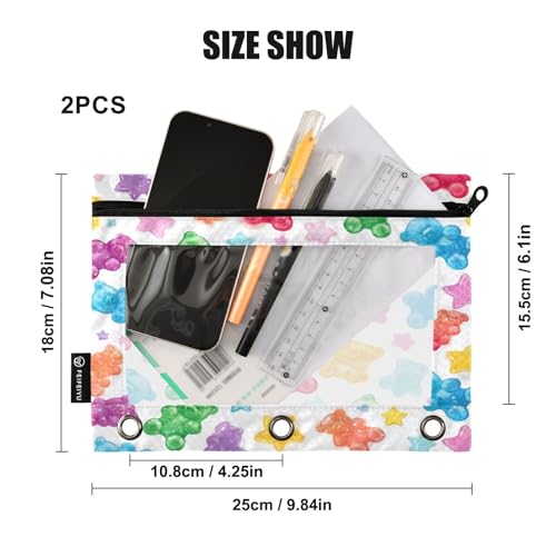 Pencil Pouch 3 Ring Colorful Gummy Bears Stars Zipper Pencil Pouches Case Binder Cosmetic Bag 2 Pack for Office School College Supplies - color: Gummy Bears Stars