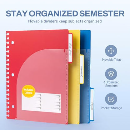 SUNEE Spiral Notebook, 3 Subject, College Ruled Paper, 8" x 10-1/2", 150 Sheets/300 Pages, 3 Pocket Colored Dividers, Water Resistant Cover, Grey Blue - color: Grey Blue