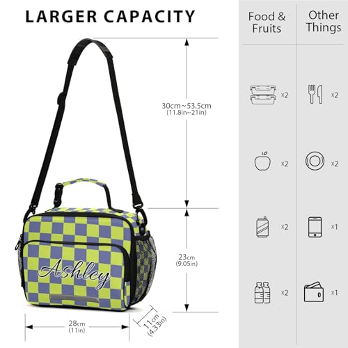 Custom Student Lunch Bag for Boys Girls Green Blue Checkered Personalized Lunch Box With Name Insulated Cooler Bag for School Picnic Travel - color: Multi16