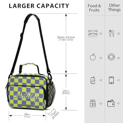 Custom Student Lunch Bag for Boys Girls Green Blue Checkered Personalized Lunch Box With Name Insulated Cooler Bag for School Picnic Travel - color: Multi16