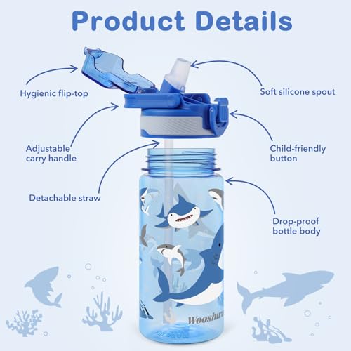Kids Water Bottle for School, 16 Oz Plastic Straw Water Bottle with Silicone Spout and Leakproof Cover, Dishwasher Safe (Shark) - color: Shark, size: 16 Ounces