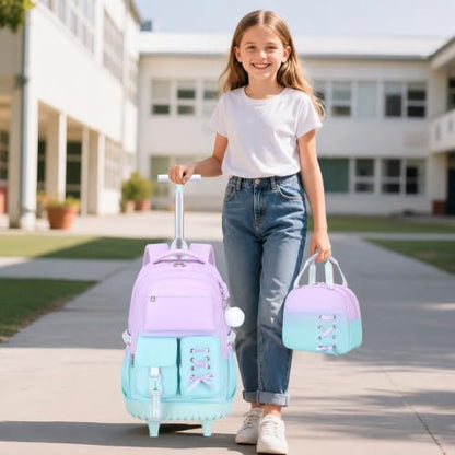 Scothen Rolling Backpack for Girls, Girls Backpack Set with Lunch Box & Pencil Pouch for Teen Girl Kids Children Elementary Middle School, Bookbag Daypack Laptop Travel Backpack with Wheels - color: Purple Blue