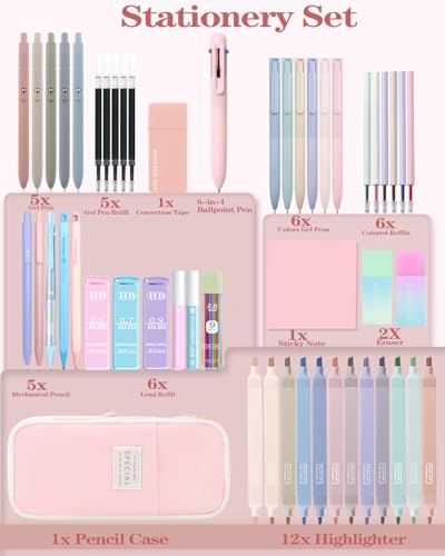 54Pcs Aesthetic School Supplies Set with Large Pastel Pencil Case 12 Dual Tip Highlighters, 6 Gel Pens, 5 Black Pens, 5 Mechanical Pencils (0.5-2.0mm) for Students Stationary College Essentials Gifts - color: Pink