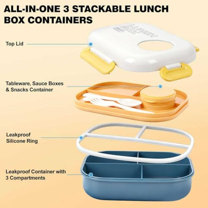 3-Compartment Leak-Proof Bento Box for Kids & Adults, Blue | Insulated bag, utensils & sauce container included; BPA-free; Microwave & dishwasher safe; Ideal for school, office & travel. - color: Blue