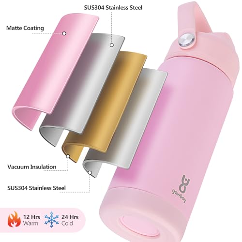 18oz Kids Insulated Water Bottle with Straw Lid & Silicone Handle,Kids Leak Proof Water Bottle for School Boys Girls,Double Wall Vacuum Stainless Steel with Non-slip Silicone Base(LightPink) - color: Light Pink, size: 18 Ounces