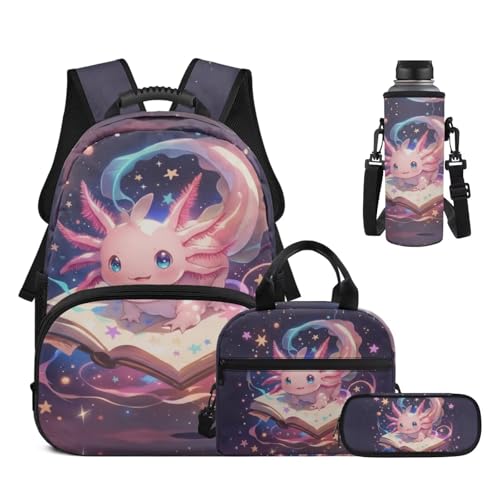 17 Inch Kid's 4PCS Backpack Set, Back to School Essentials | Insulated lunch box, water bottle pouch, pencil case, lightweight, padded shoulder straps, for elementary, middle school - color: Galaxy Axolotl