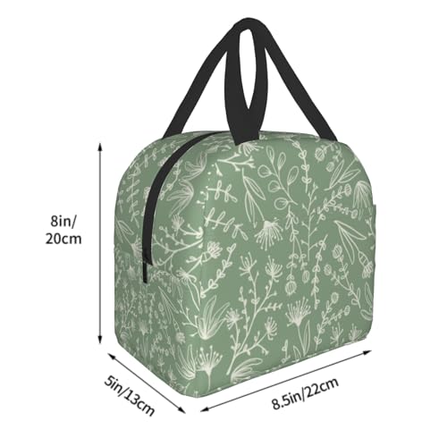 Nerxy Sage Green Insulated Lunch Bag Botanical Reusable Lunch Box for Kids Teens Herbs Plants Container Cooler Toddler Tote Bags for Women Men Picnic Travel Work Office - color: Green Botanical