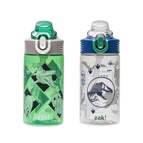 Zak Designs Jurassic World Dominion Movie Sage Kids Water Bottle For School or Travel, 16oz Durable Plastic Water Bottle With Straw, Handle, and Leak-Proof, Pop-Up Spout Cover, 2-Pack Set - color: Jurassic World (Green and Blue)