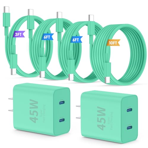 QZIIW Super Fast Samsung Charger Type C,45W Dual Port USB C Fast Charger Block [2-Pack] & Extra Long 60W 3/6/6/10FT USB C Cable - PD Quick Charging 3.0 for Samsung Galaxy S25 Ultra/S24+/S23 iPhone 16 - color: Green, size: 3FT+6FT+6FT+10FT