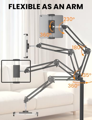 Tablet Floor Stand, 360-Degree Rotatable Metal Tablet Holder Stand, Adjustable Height and Angle iPad Stand,Universal Tablet Holder for iPad/Phone/Kindle/Tabs/E-Readers and all 4.7~12.9” Screen Devices
