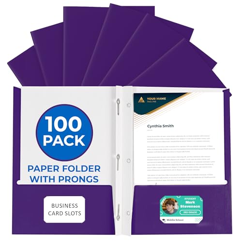 100 Pack Purple 2 Pocket Paper Folders. EPI Heavy Duty, Bulk Folders with Pockets, Prongs and Business Card Slots. Letter Size Document Organizers. Durable Portfolio for School, College, Office Files - color: Purple, style: Prongs