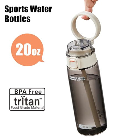 TKK Sports Water Bottle with Straw & Build-in Carrying Handle, Spill-Proof 2-in 1 Lid, 20 oz Plastic Bottles, Dishwasher Safe, Leak-Proof Locking Lid for Kids, Outdoor, School Backpack, White - color: White