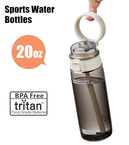 TKK Sports Water Bottle with Straw & Build-in Carrying Handle, Spill-Proof 2-in 1 Lid, 20 oz Plastic Bottles, Dishwasher Safe, Leak-Proof Locking Lid for Kids, Outdoor, School Backpack, White - color: White