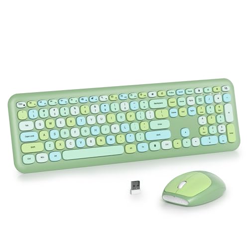 Wireless Typewriter Keyboard and Mouse Combo Retro 104 Key Full Size Office Set Green Keyboard with Silent Round Keycaps, Ideal for Laptop and Desktop PCs, Cute Design Keyboard (Green) - color: Green mix