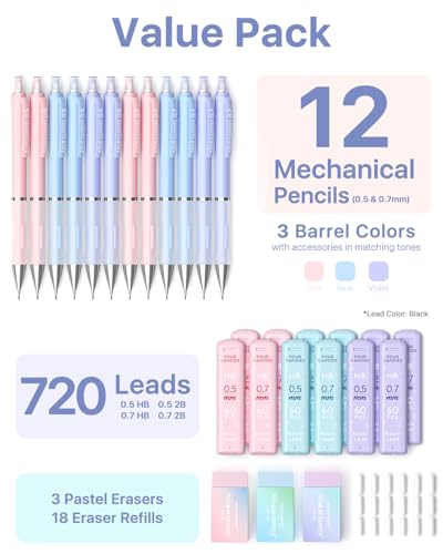 Four Candies Pastel Mechanical Pencil Set, 0.5mm & 0.7mm Point, Pack of 12 | 720 HB/2B Leads, 3 Erasers+18 Refills, Storage Case, Cute Pink/Purple/Blue Barrels, Rubber Grip, for Notes & Drawing - style: 12PCS 0.5 + 0.7 mm