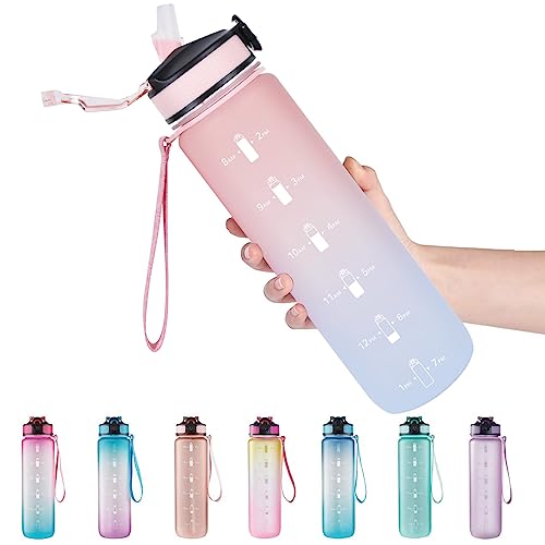 EYQ 32 oz Water Bottle with Time Marker, Carry Strap, Leak-Proof Tritan BPA-Free, Ensure You Drink Enough Water for Fitness, Gym, Camping, Outdoor Sports - color: 6.Ruby/Blue Gradient