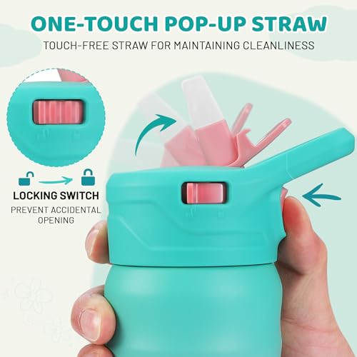 HAUSHOF Kids Water Bottle 2-Pack (12 oz) BPA-free with Straw and Stickers, Stainless Steel Vacuum Double Wall Insulated cup with Leak Proof for school, Gifts, Boys and Girls(Blue/Pink) - color: Blue/Pink(2 Pack)